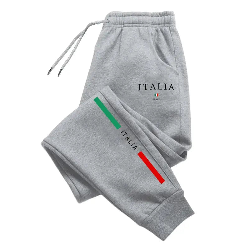 2 gray Italia-print sweatpants with Italian flag accents, casual jogger style