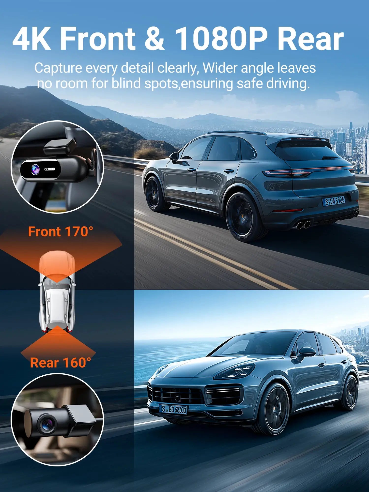 Dash Cam by Simples Market for cars with 4K front and 1080p rear, HDR night vision, built-in Wi-Fi, parking mode.