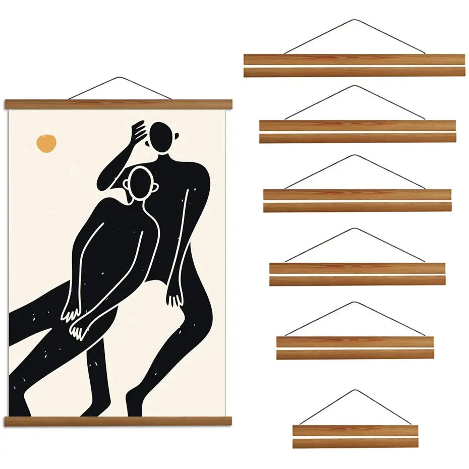 Simples Market magnetic painting frame set in teak pine wood for canvases and posters with hanging bars.