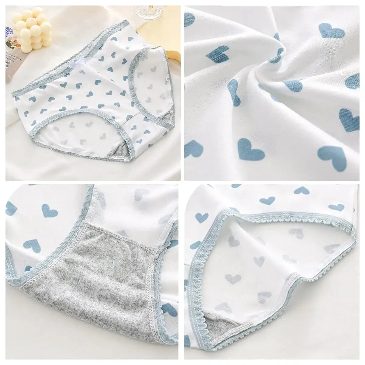 5-piece women's cotton panties set in white with blue heart print and light blue trim, soft breathable underwear