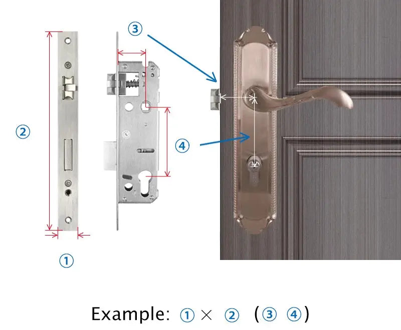Door lock hardware set with bronze lever handle, latch, strike plate and mounting plates on wood door