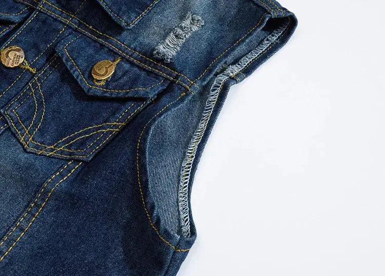 Denim sleeveless vest in blue with gold stitching, front pockets, and metal buttons