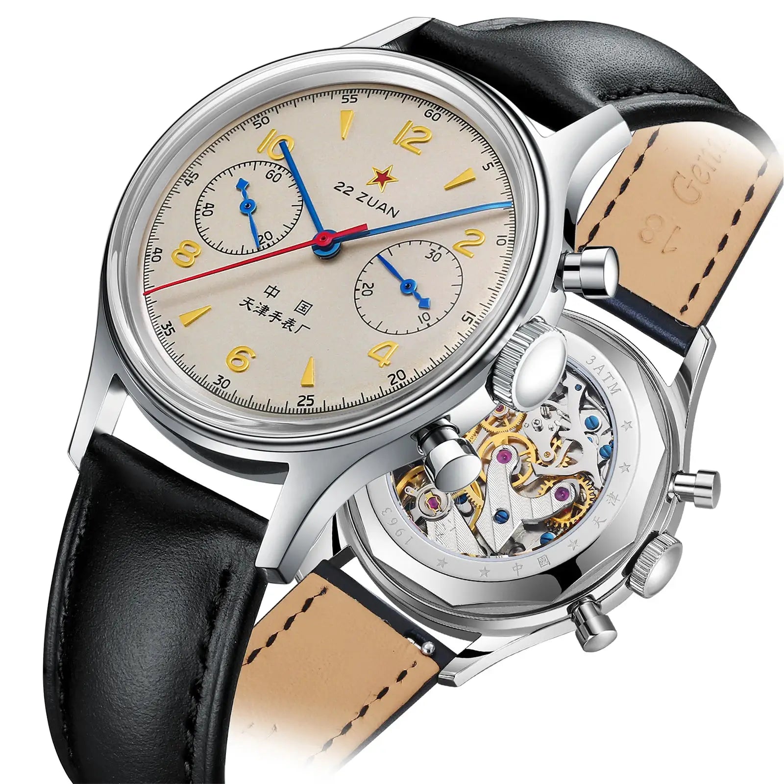 Seagull 1963 edition men's mechanical chronograph watch with beige dial, blue hands, black leather strap