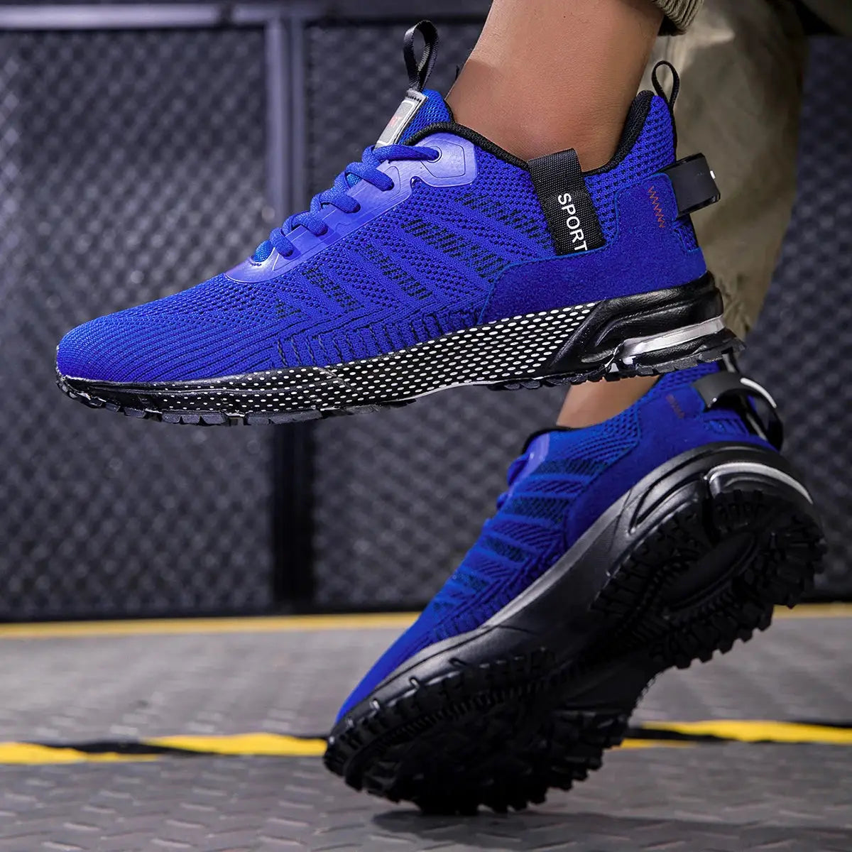 Men's blue running shoes, lightweight breathable mesh, lace-up sport sneakers; two shoes shown