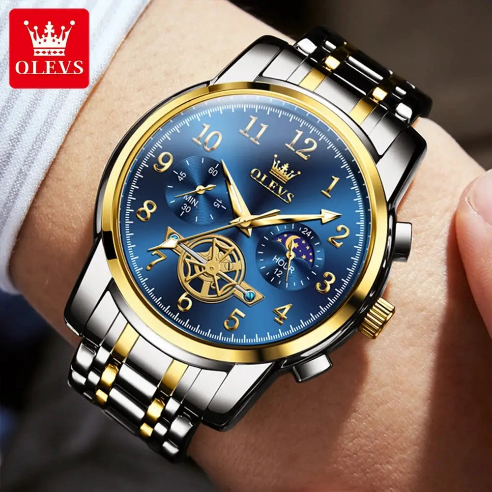 OLEVS 2900 Moon Phase watch for men with blue dial, gold numerals, skeleton mechanism, two-tone stainless steel bracelet