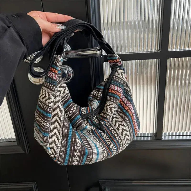 Tribal Style Foldable Crossbody Bag With Zipper Closure And Striped Flag Pattern Canvas