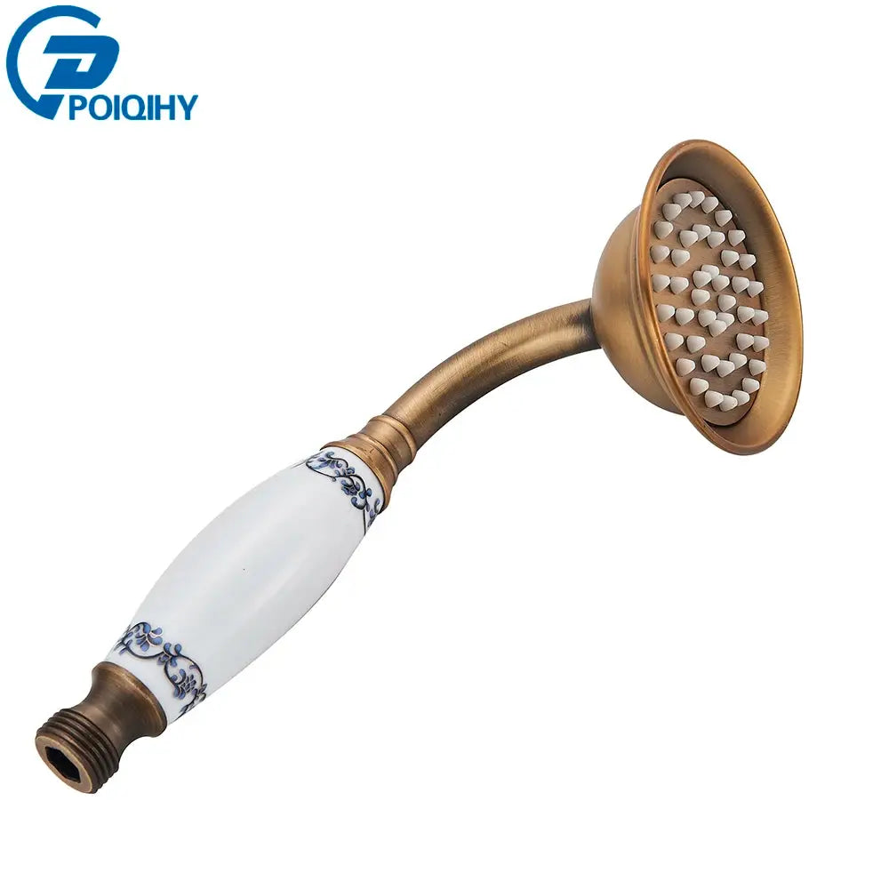 Antique brass handheld shower head with ceramic white handle and blue floral accents, 150cm hose