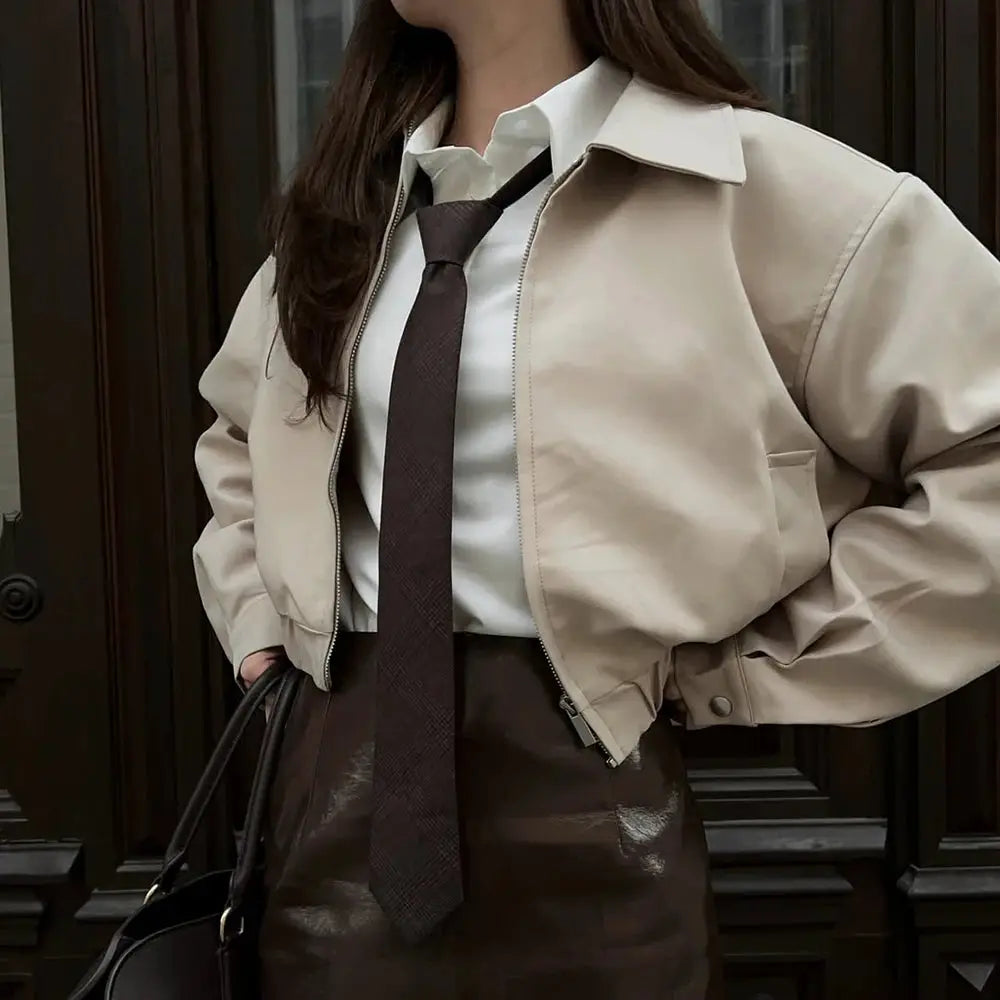 Tuularose Womens Lapel Zip Jacket Two Piece Pleated Shorts Autumn Suit