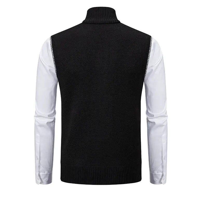 Men's black knitted sleeveless vest with stand collar, solid color, worn over a white shirt
