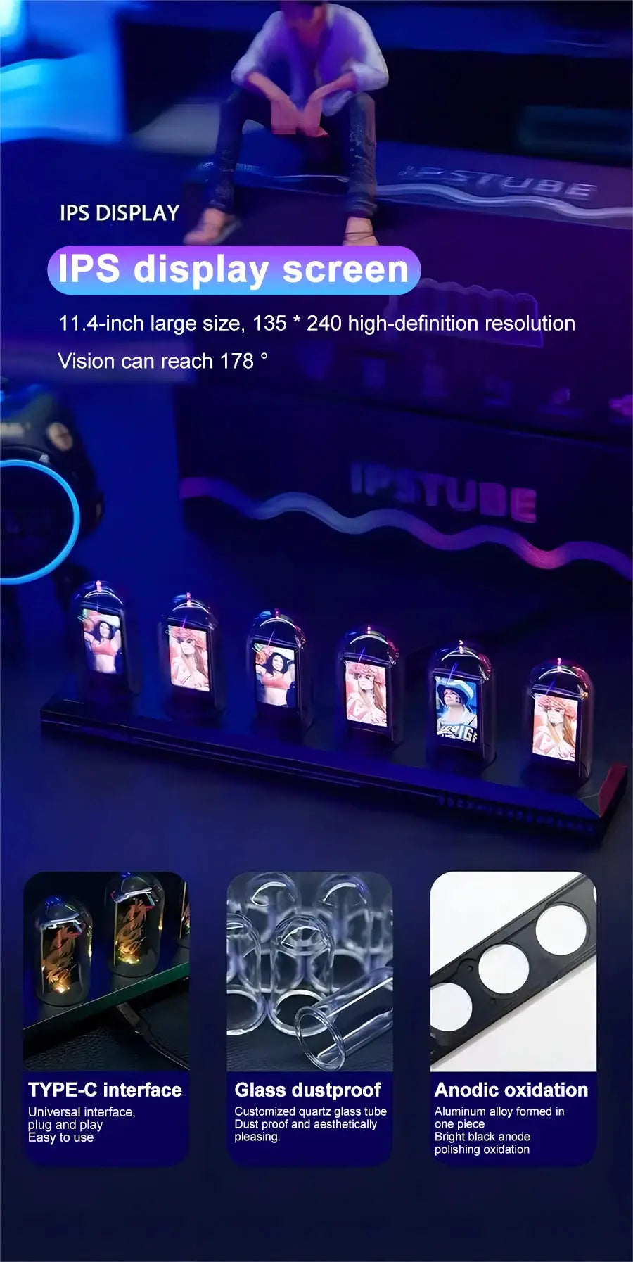 RGB Nixie Tube Clock with IPS LED display and eight glass tubes for desktop decor