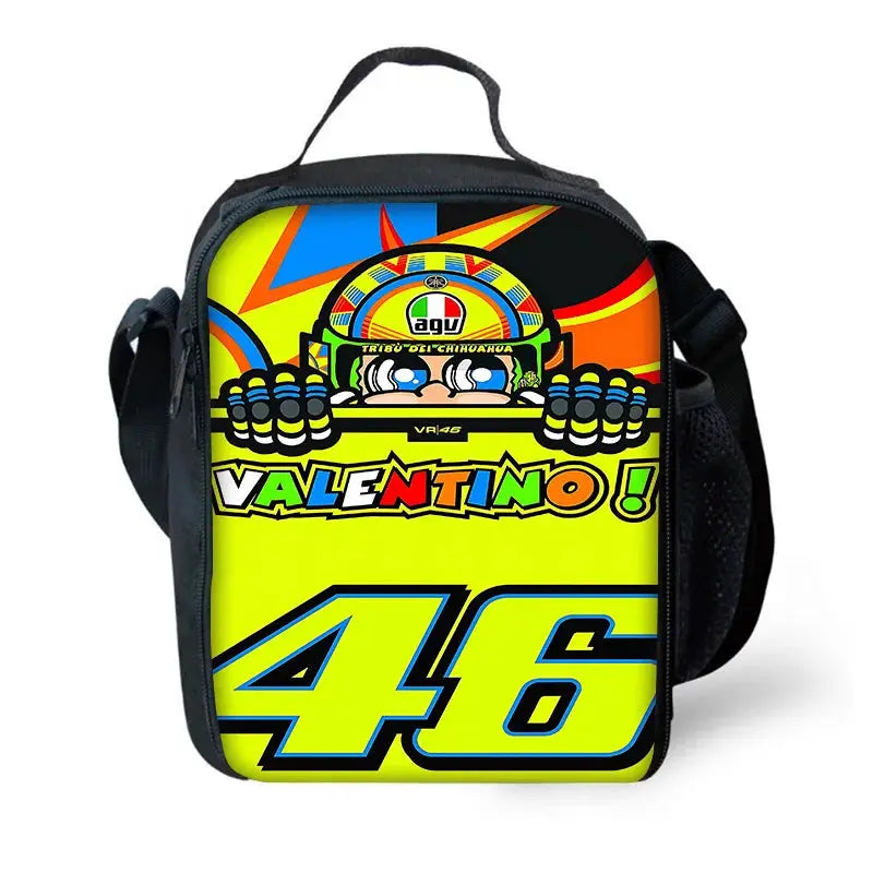 Kids VR46 racing backpack in neon yellow with bold 46 graphic.