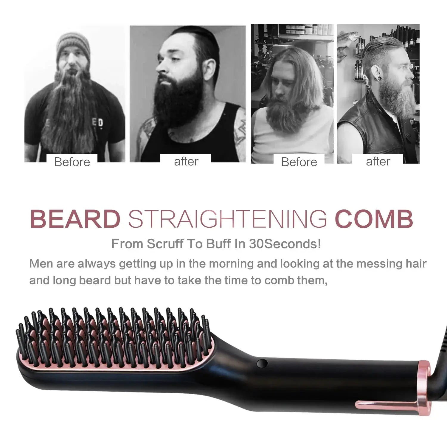 Beard straightening comb by Simples Market, black with rose-gold accents, shown in before/after beard montage.