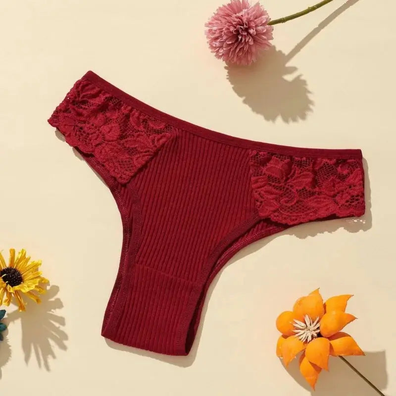 Simples Market 5Pcs set women cotton panties in burgundy with floral lace side panels, low-rise briefs