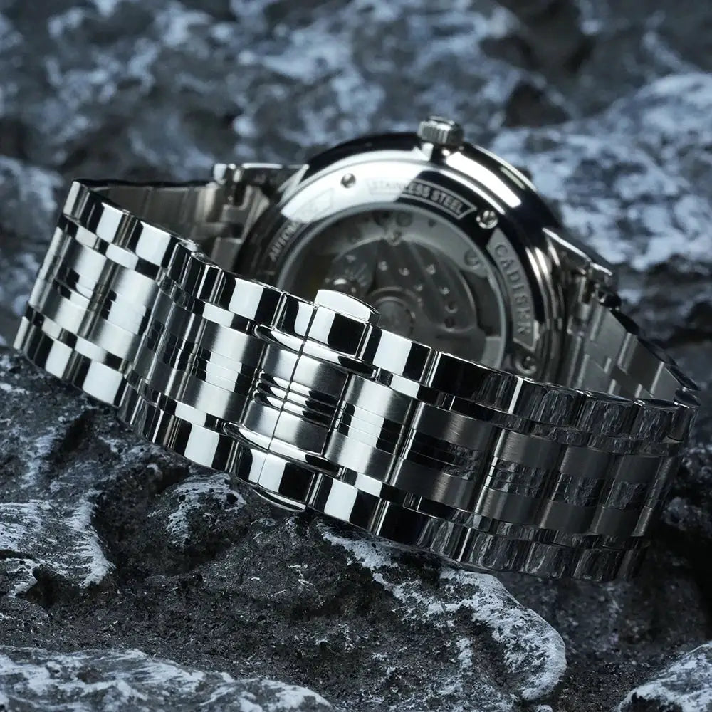 CADISEN mechanical wristwatch with stainless steel bracelet; silver tone, exhibition case back