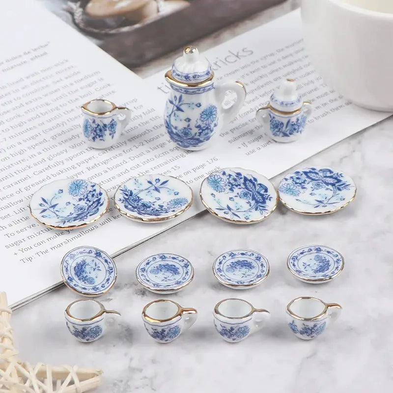 Fifteen Piece Dollhouse Miniature Tableware Set Porcelain Ceramic Teapot Tea Cups Milk Bottle Sugar Bowl Plates