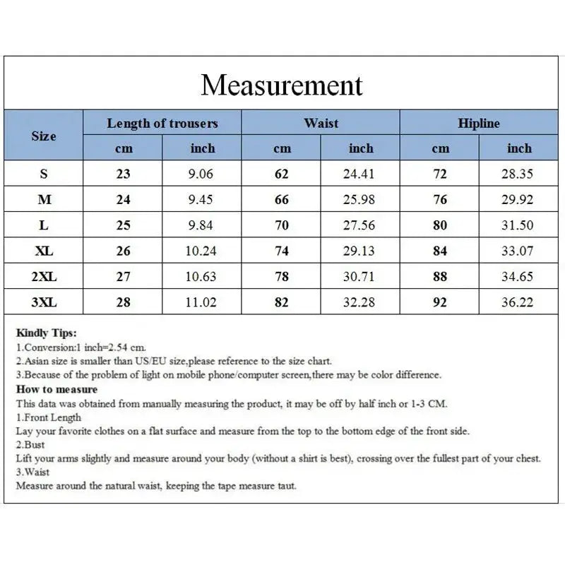 Women's gym shorts size chart with length, waist and hip measurements by Simples Market