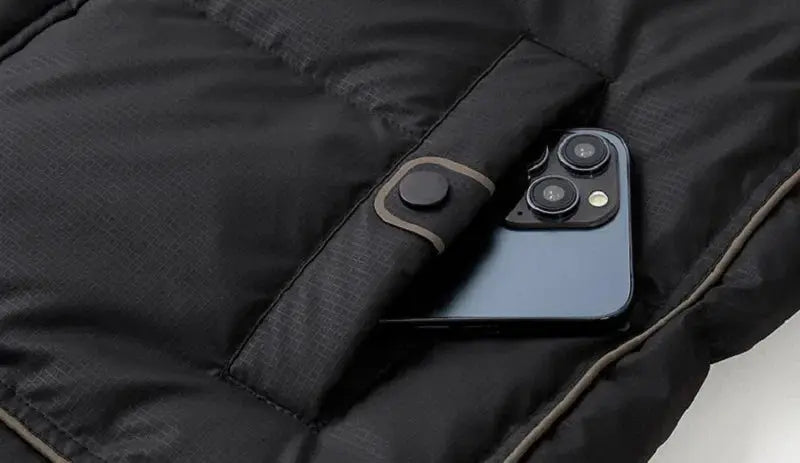 Men's black duck-down puffer jacket with pocket strap and phone in pocket