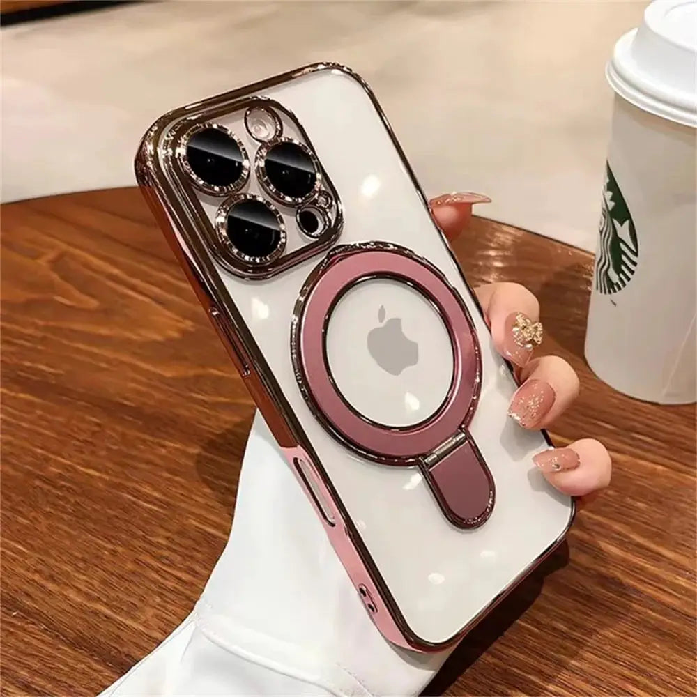 MagSafe phone case with pink ring stand and lens protector on a clear back