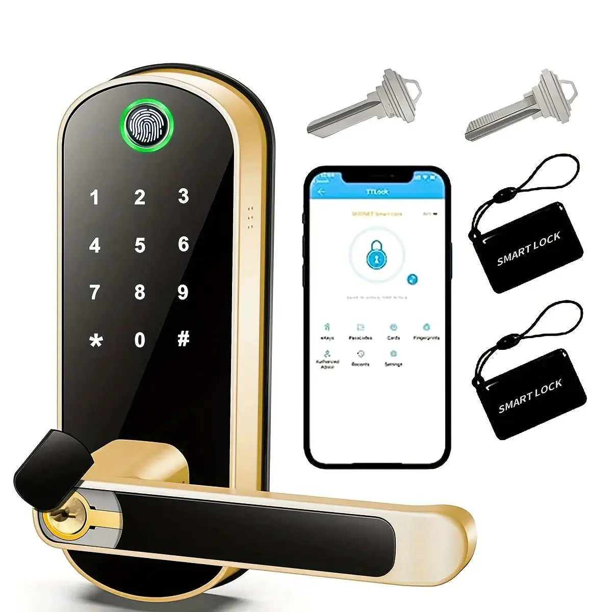 Smart Fingerprint Door Lock With App Control, Keyless Entry, WiFi, NFC, Touchscreen, IP67 Waterproof, 2 IC Cards