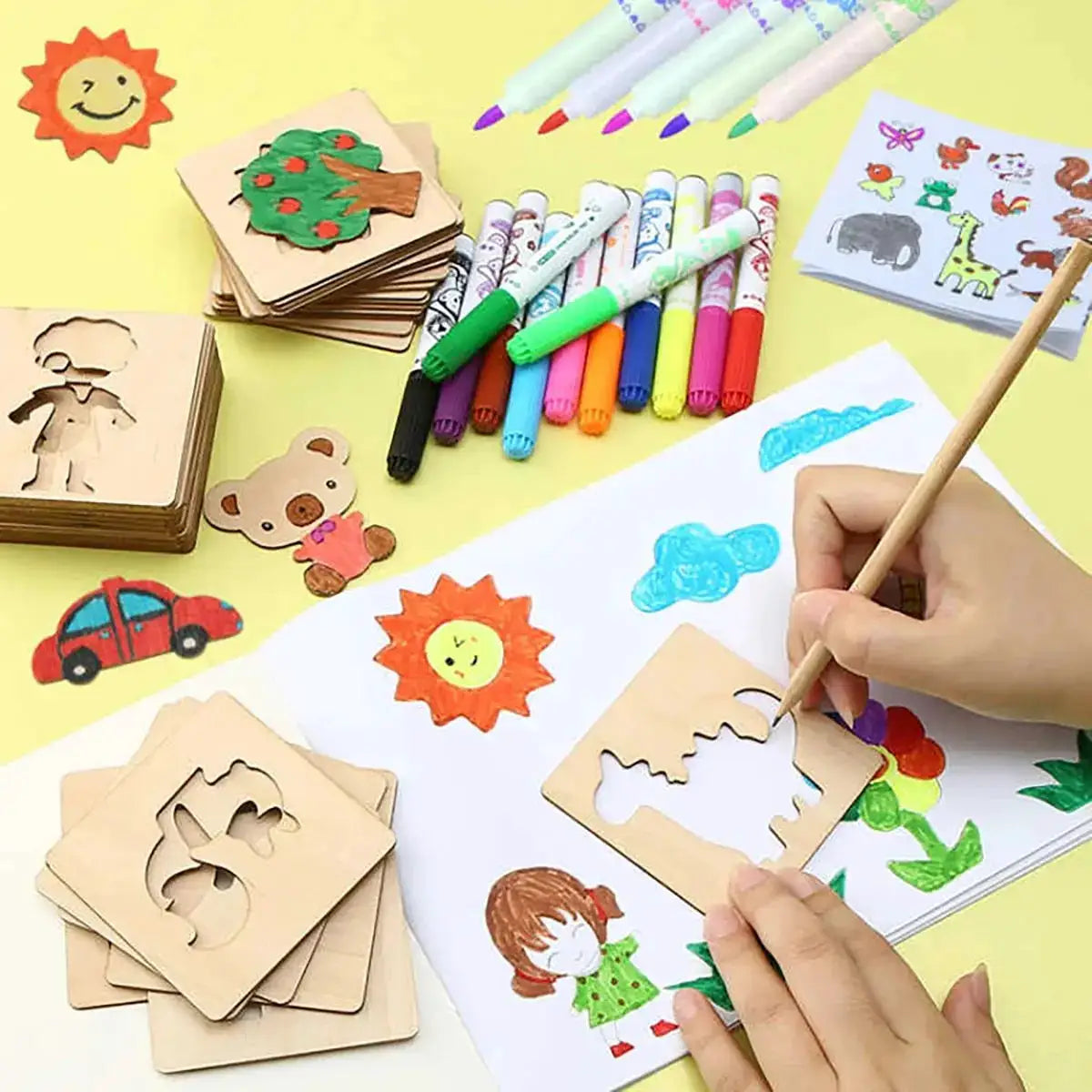 20 Pieces Montessori Wooden DIY Painting Stencils Set For Kids Educational Craft Toys And Puzzles Gift
