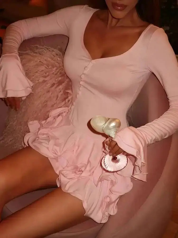 Blifanbo Flare Sleeve V Neck Mini Dress Women Slim A Line Club Dress