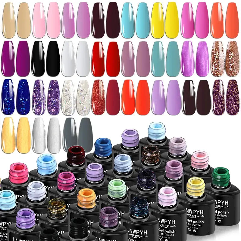 Nail polish gel kit by Simples Market with multi-color gel polishes and glitter gels for manicures