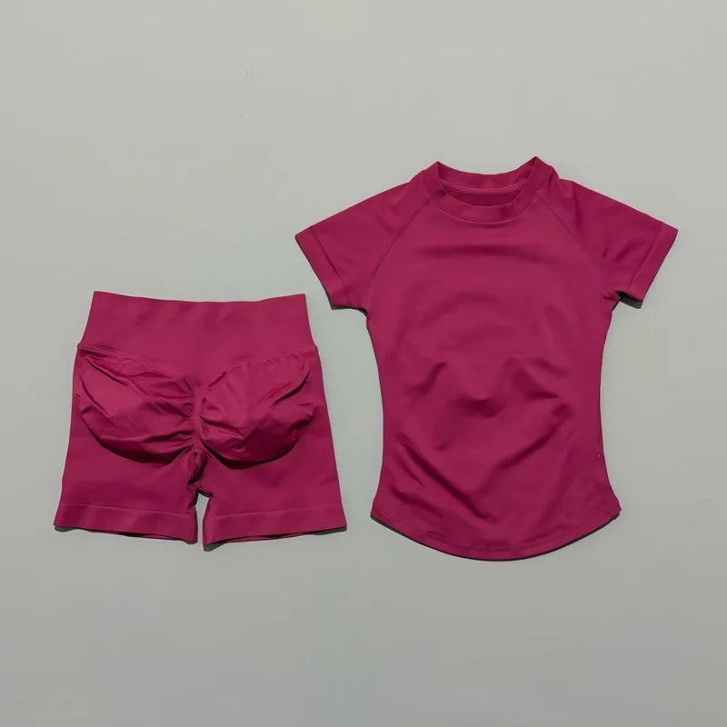 Histello 2 Piece Seamless Yoga Set Women Short Sleeve Top Leggings