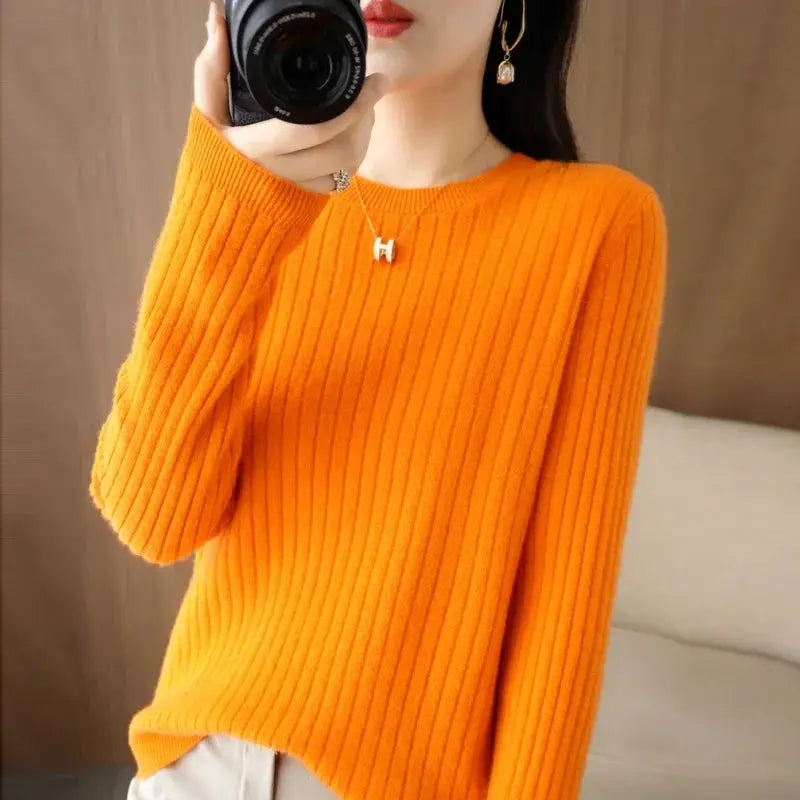 Aurora Knitwear Warm O Neck Stripe Loose Fit Sweater For Autumn Winter Layering Cozy Knit