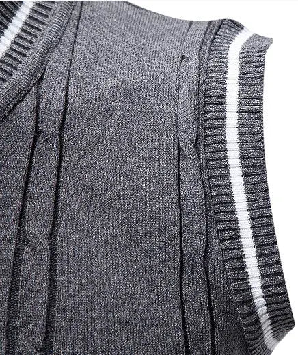 Men's knit vest by Simples Market; gray sleeveless V-neck sweater with ribbed trim and white stripe detail