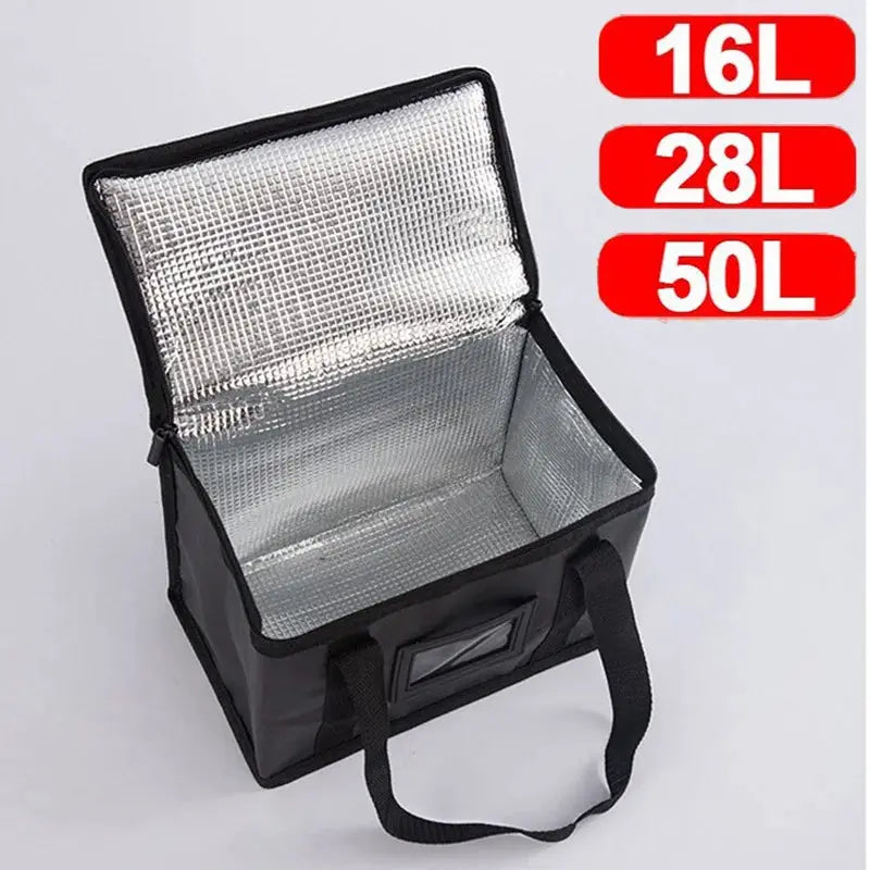Simples Market insulated delivery bag, black with silver foil interior and dual handles; 16L, 28L and 50L sizes.