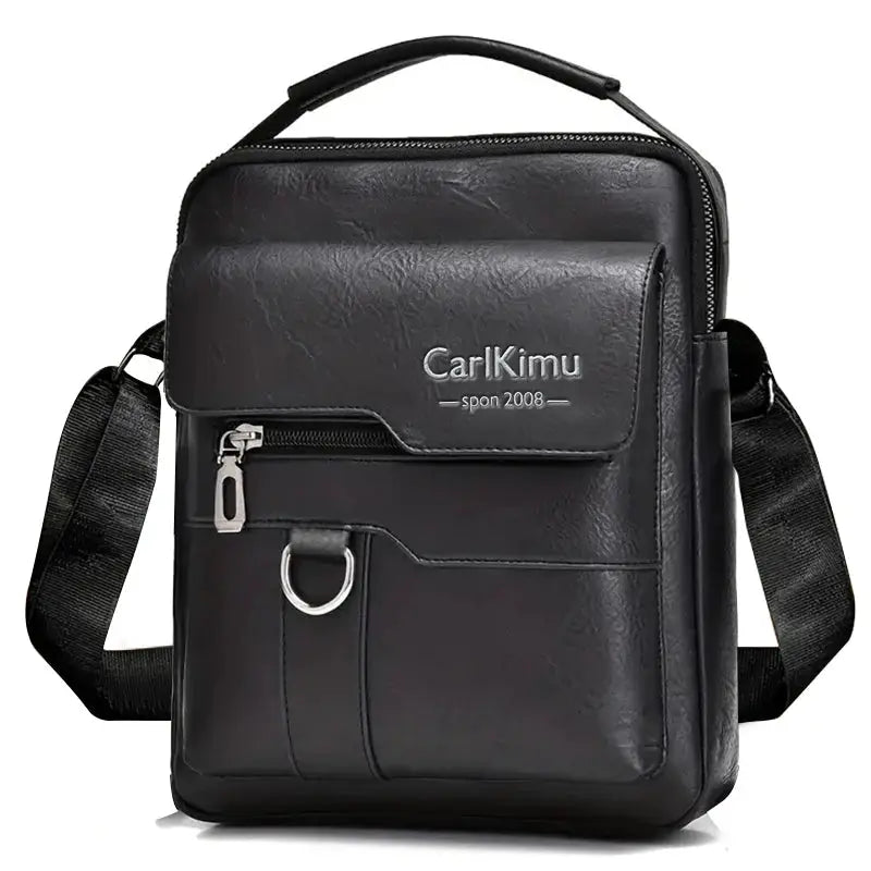 Daily Wear Vintage PU Leather Messenger Bag CarlKimu, black with front zip pocket and D-ring