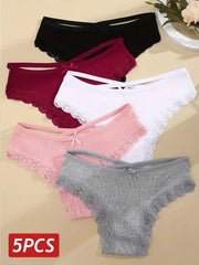 5pcs women's cotton lace briefs set in black, burgundy, white, pink, and gray with scalloped lace trim.