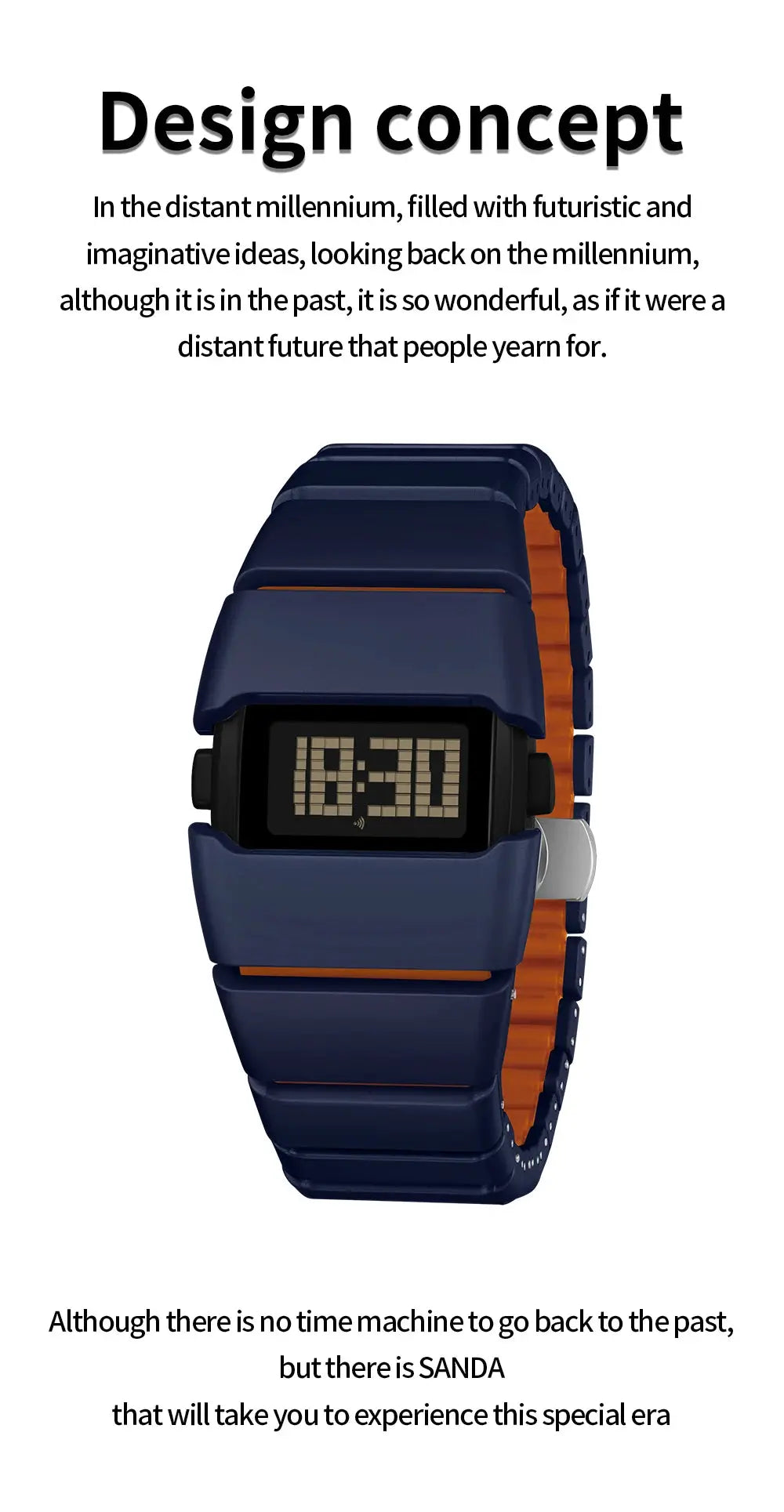 SANDA 9504 Y2K retro digital watch with blue strap and orange interior, 5ATM water resistant