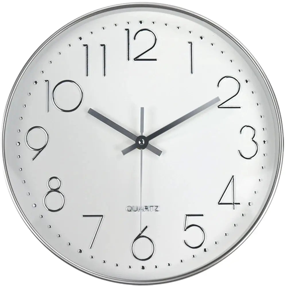 Modern minimalist wall clock with tempered glass, white dial, silver frame, large black numerals and quartz movement