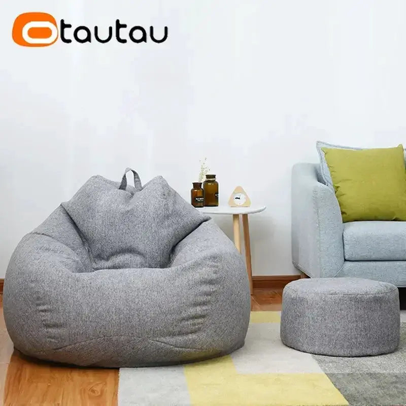 Bean bag chair with filling in gray linen by OTAUTAU; includes a matching pouf (2 pieces)