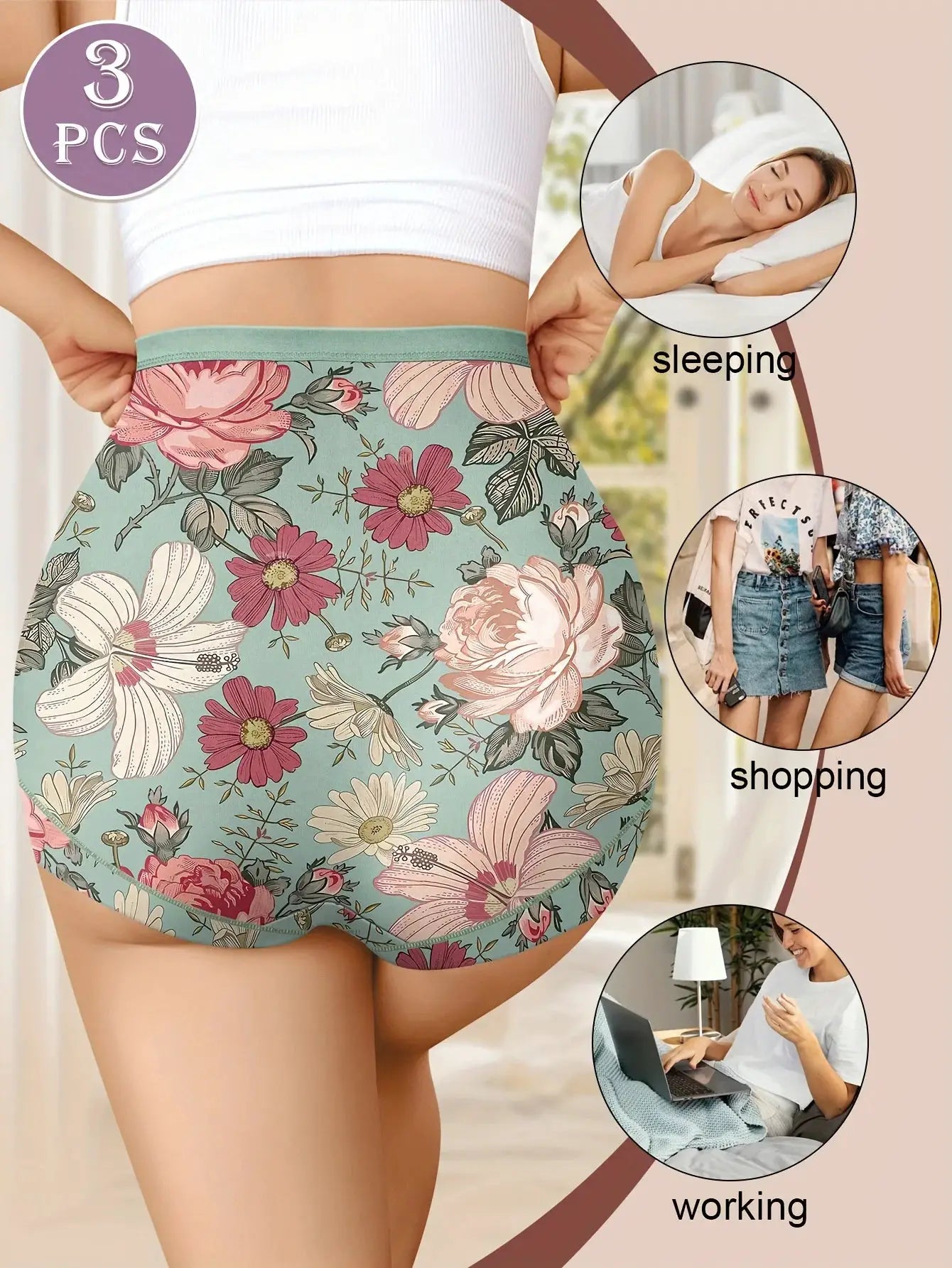 3-piece high-waisted floral panties in teal with pink blossoms; tummy tightening and hip lifting for a comfortable fit