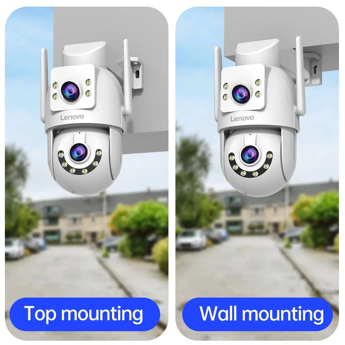2x Lenovo outdoor dual-lens PTZ IP CCTV cameras, white housing with LED ring