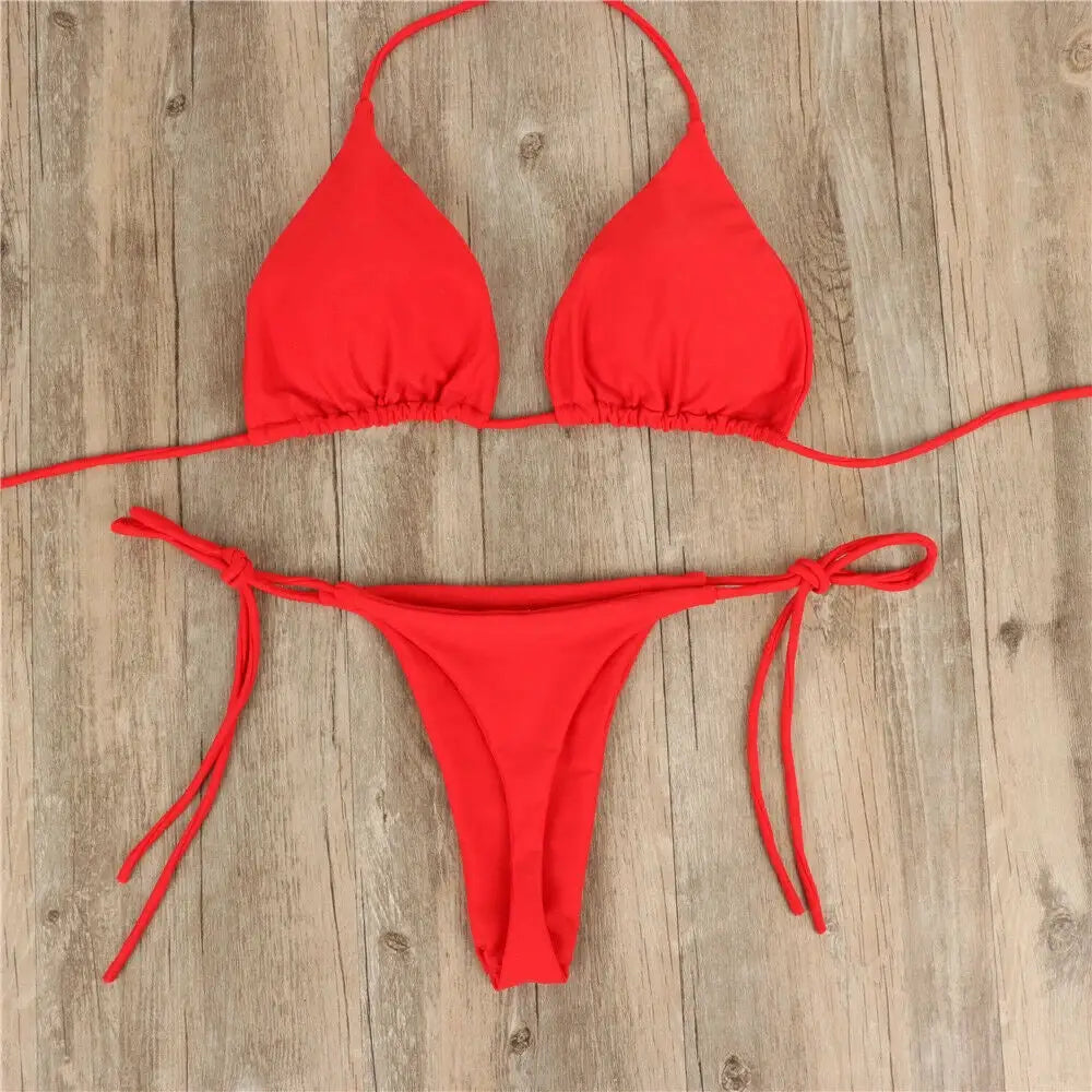Simples Market women's red string bikini set with triangle top and tie-side thong bottom.
