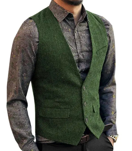 Green herringbone waistcoat vest by Simples Market, slim-fit men's suit vest