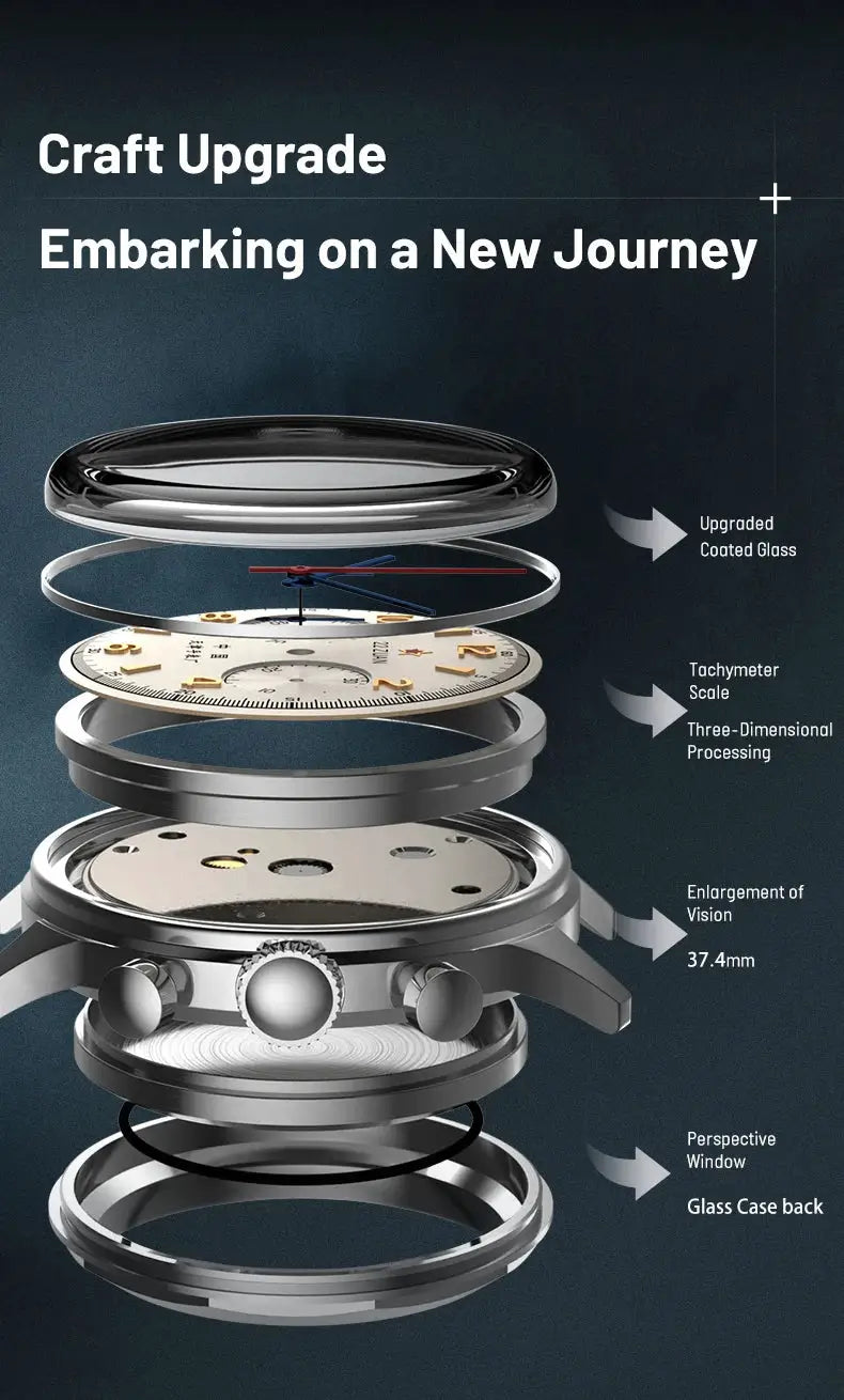 Seagull 1963 International Edition mechanical wristwatch, silver-tone, exploded view of case and movement.
