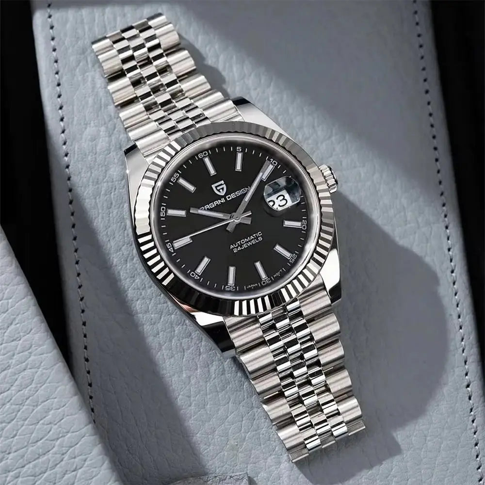 PAGANI DESIGN men's mechanical automatic watch with Jubilee stainless steel bracelet, black dial and date window