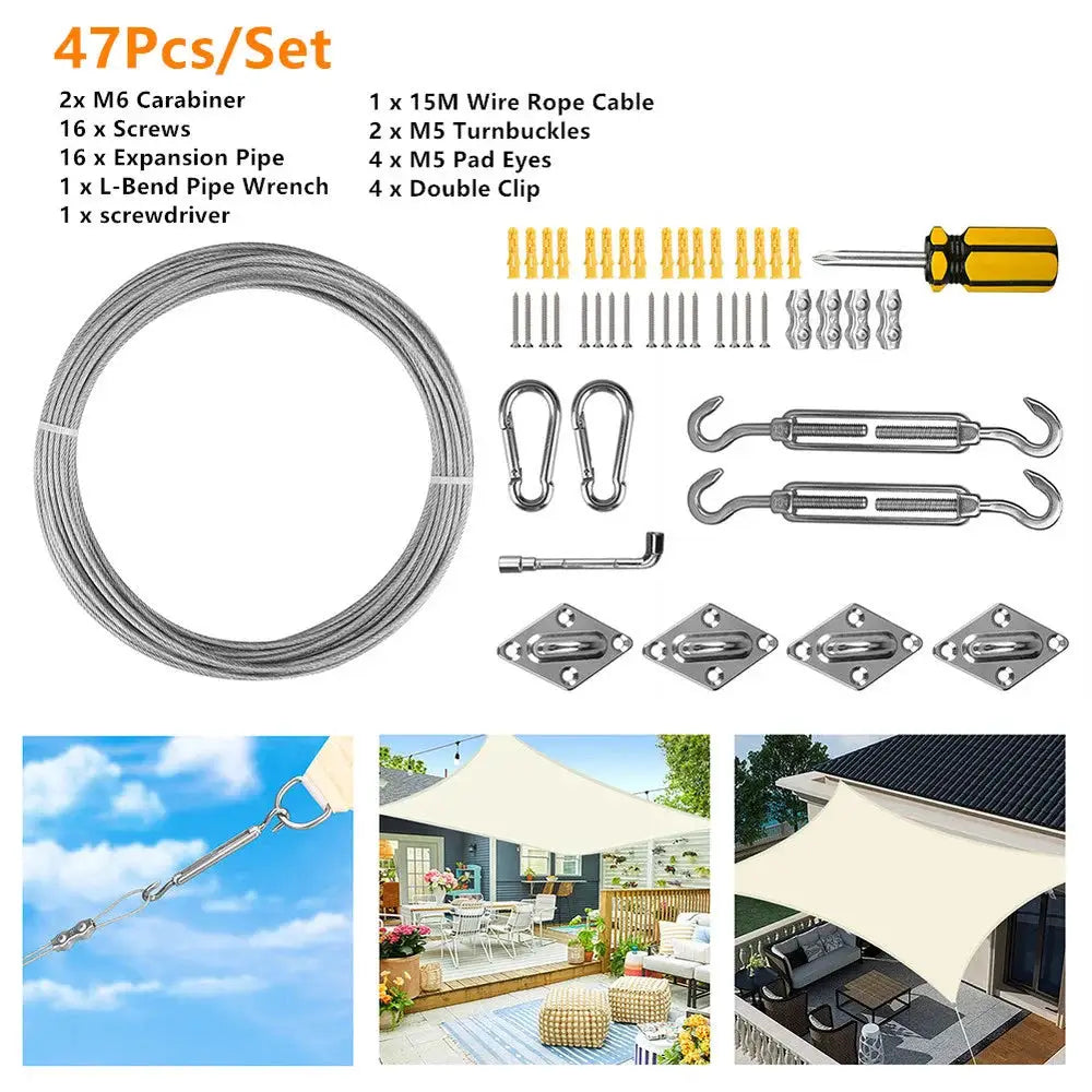 Shade sail hardware kit, 47-piece stainless steel set for outdoor patios with wire rope, turnbuckles, pad eyes, hooks, and brackets.