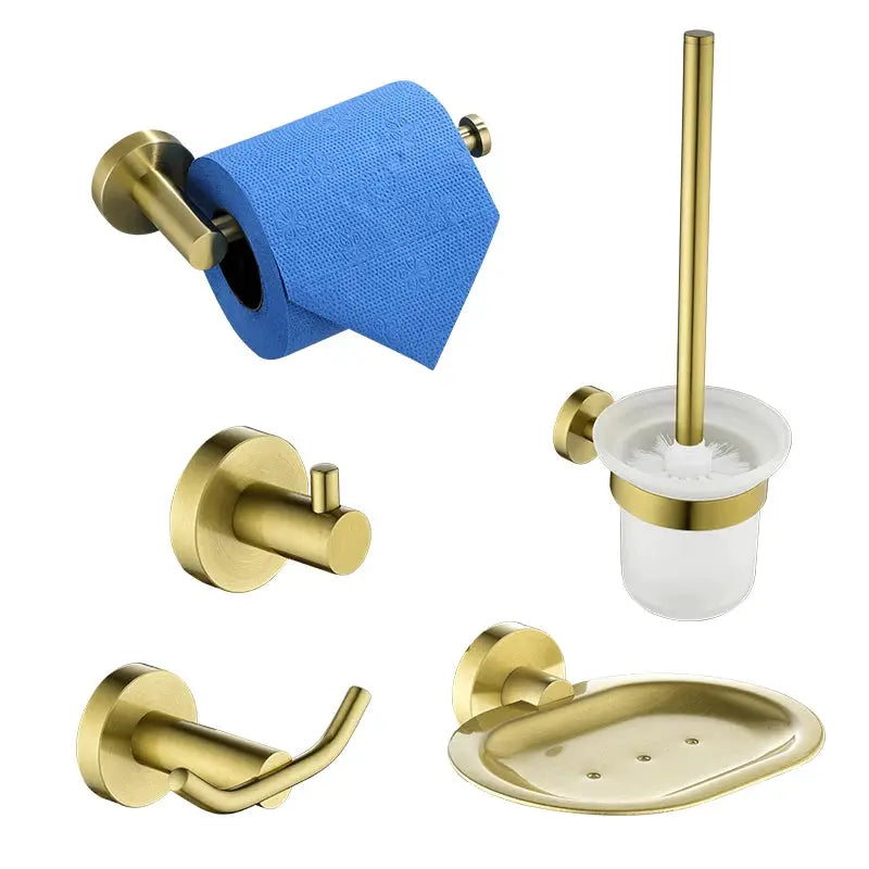 Simples Market 5-piece brushed gold set with toilet brush holder, paper holder, robe and towel hooks, and soap dish.