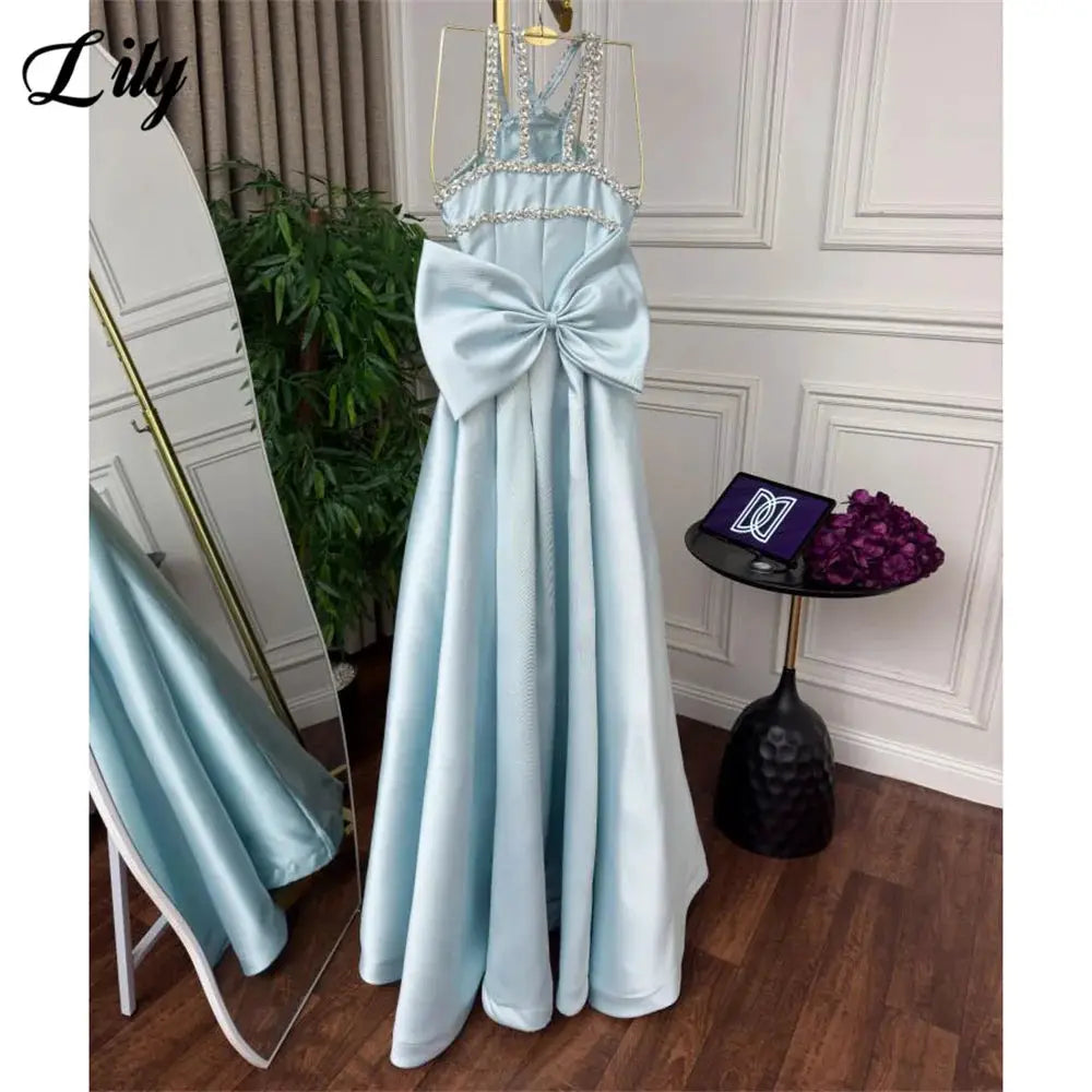 Lily Light Blue Prom Dress With Shiny Beading Halter Detachable Train