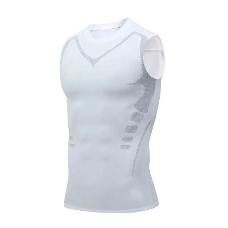 Men's compression tank top, sleeveless gym shirt in white with gray print, quick-dry fabric