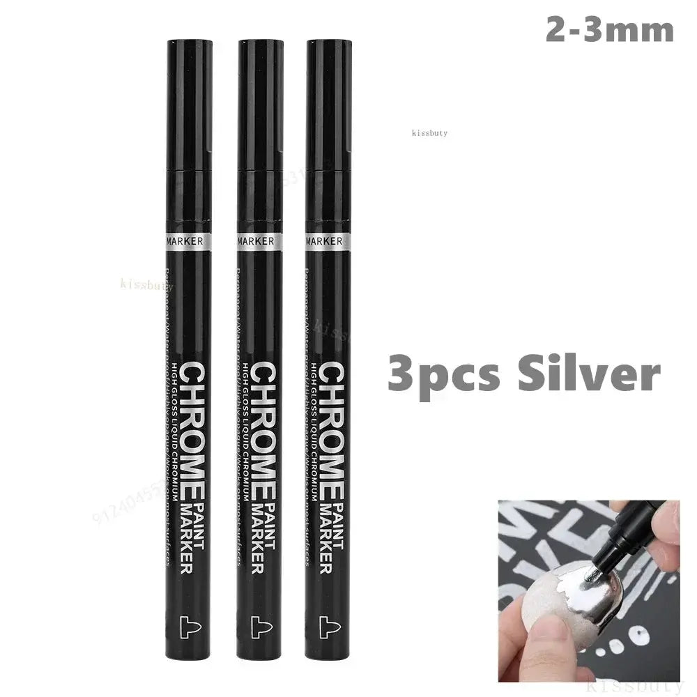 Chrome paint markers set, 3pcs silver with 2-3 mm tips for reflective surfaces by Simples Market