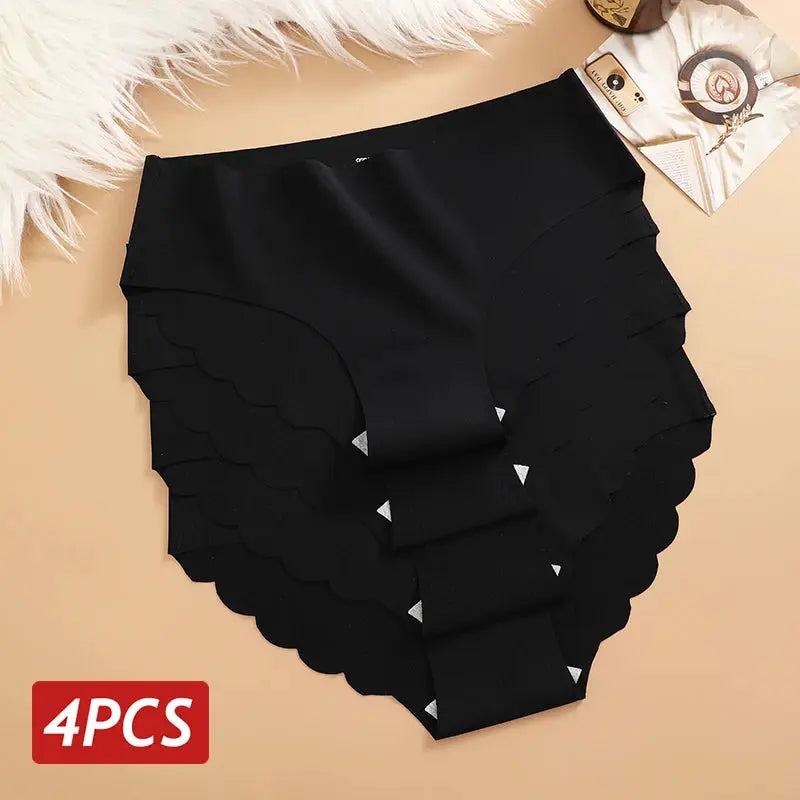 Simples Market 4PCS ice silk seamless panties set, black briefs with scalloped wavy sides
