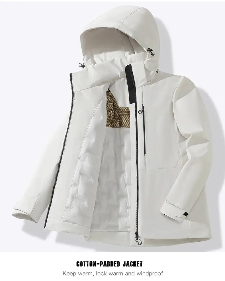 Unisex white waterproof fleece jacket with hood and front zipper