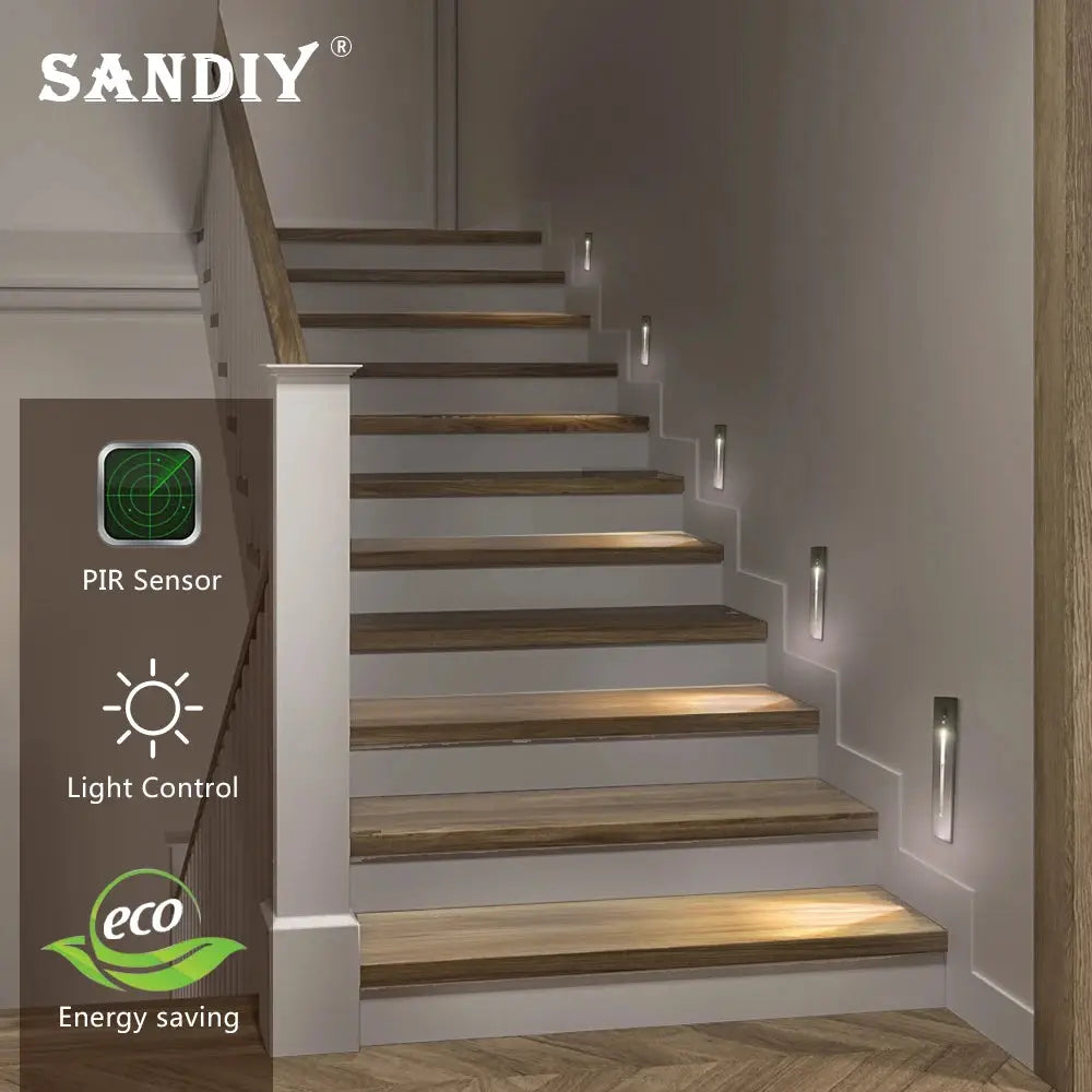 SANDIY smart stair wall lamp with PIR sensor, recessed step lights, energy-saving 3W