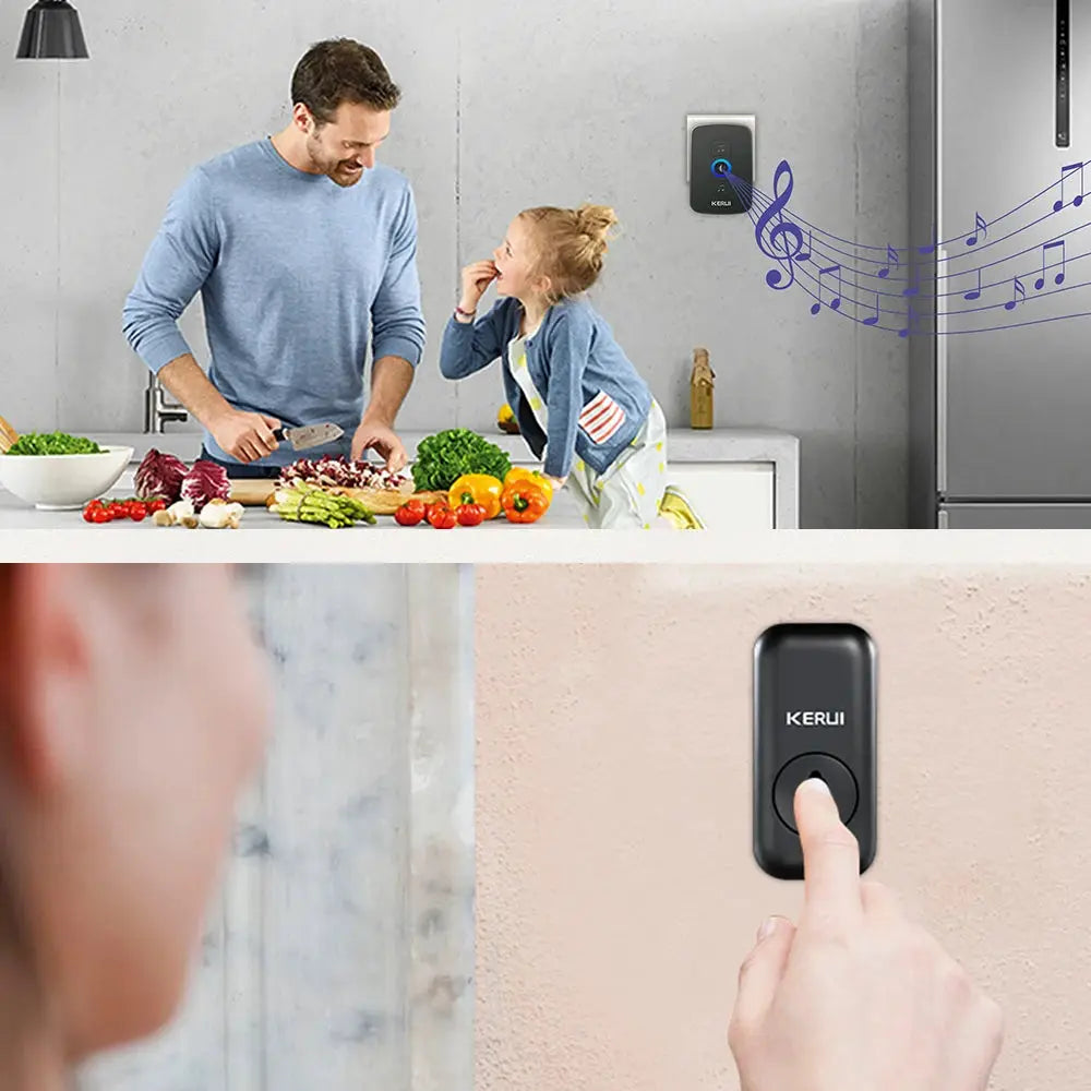 KERUI wireless outdoor doorbell; black waterproof unit with LED indicator, mounted on exterior wall and being pressed
